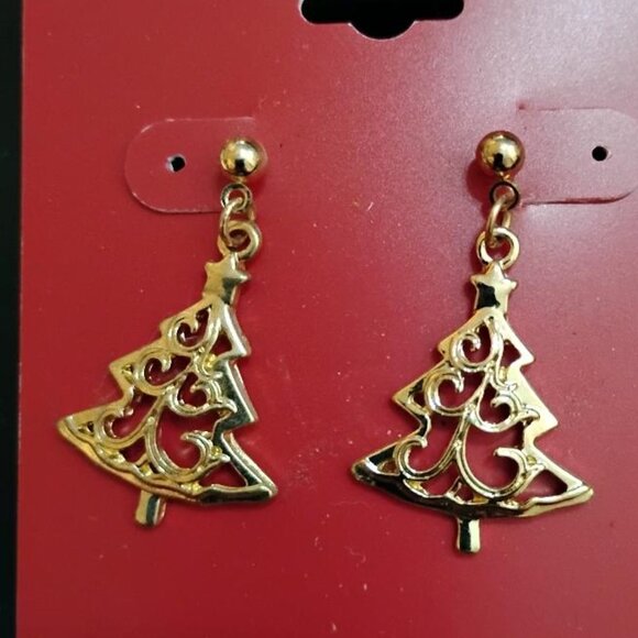 Gold Color Christmas Tree Dangle Earrings. Post Backs. Pierced. Christmas. - Picture 1 of 3